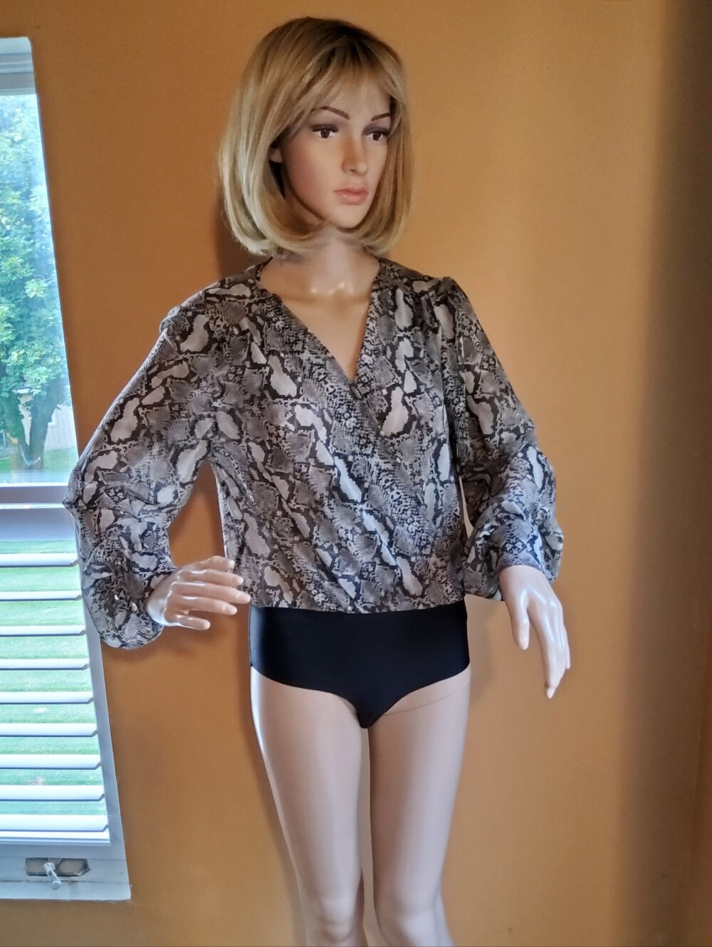Zara Chiffon Black and Gray Snake Print Bodysuit